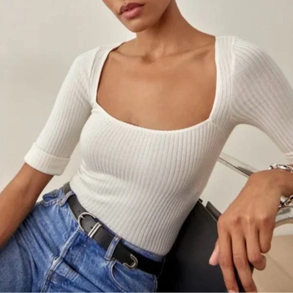 Reformation Leanne Ribbed Square Neck Top White Gathered Sleeve Womens Med